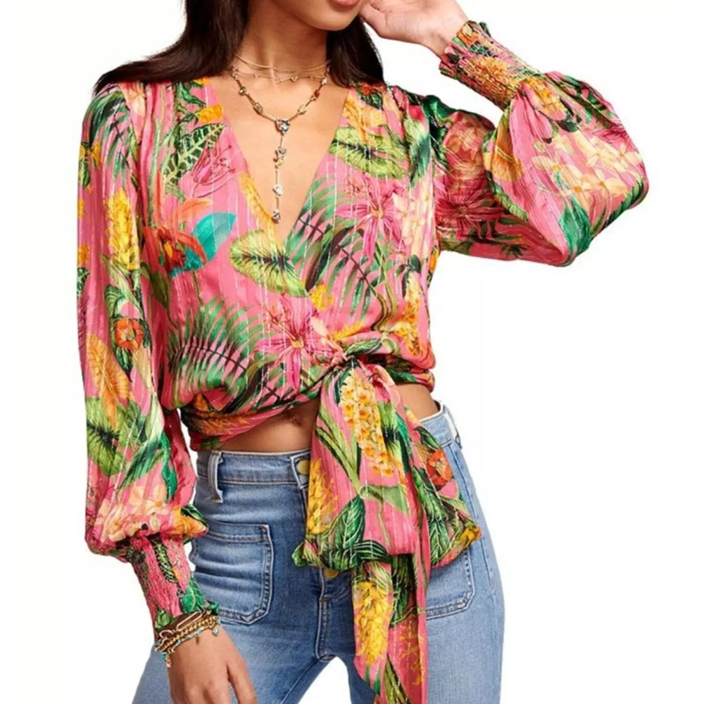 NWT Ramy Brook Quentin Printed Wrap Silk Top Sz XXS Long Bell Sleeves $395
